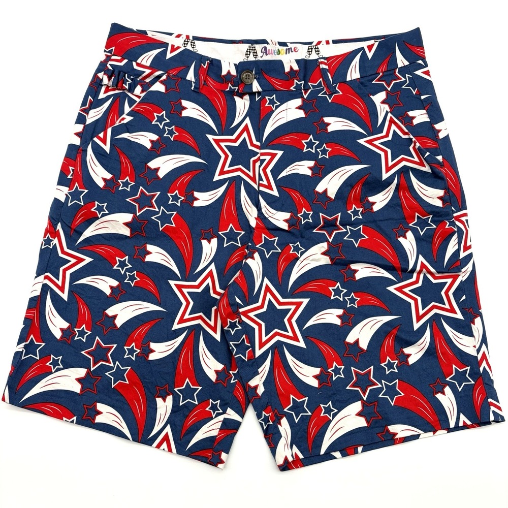 Royal & Awesome Men's Patriotic Red White Blue Stars Stripes Golf Shorts Size 34